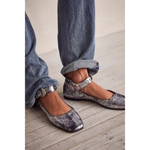 Free People Mystic Mary Jane Flats in Metallic Silver Distressed - Picture 1 of 5